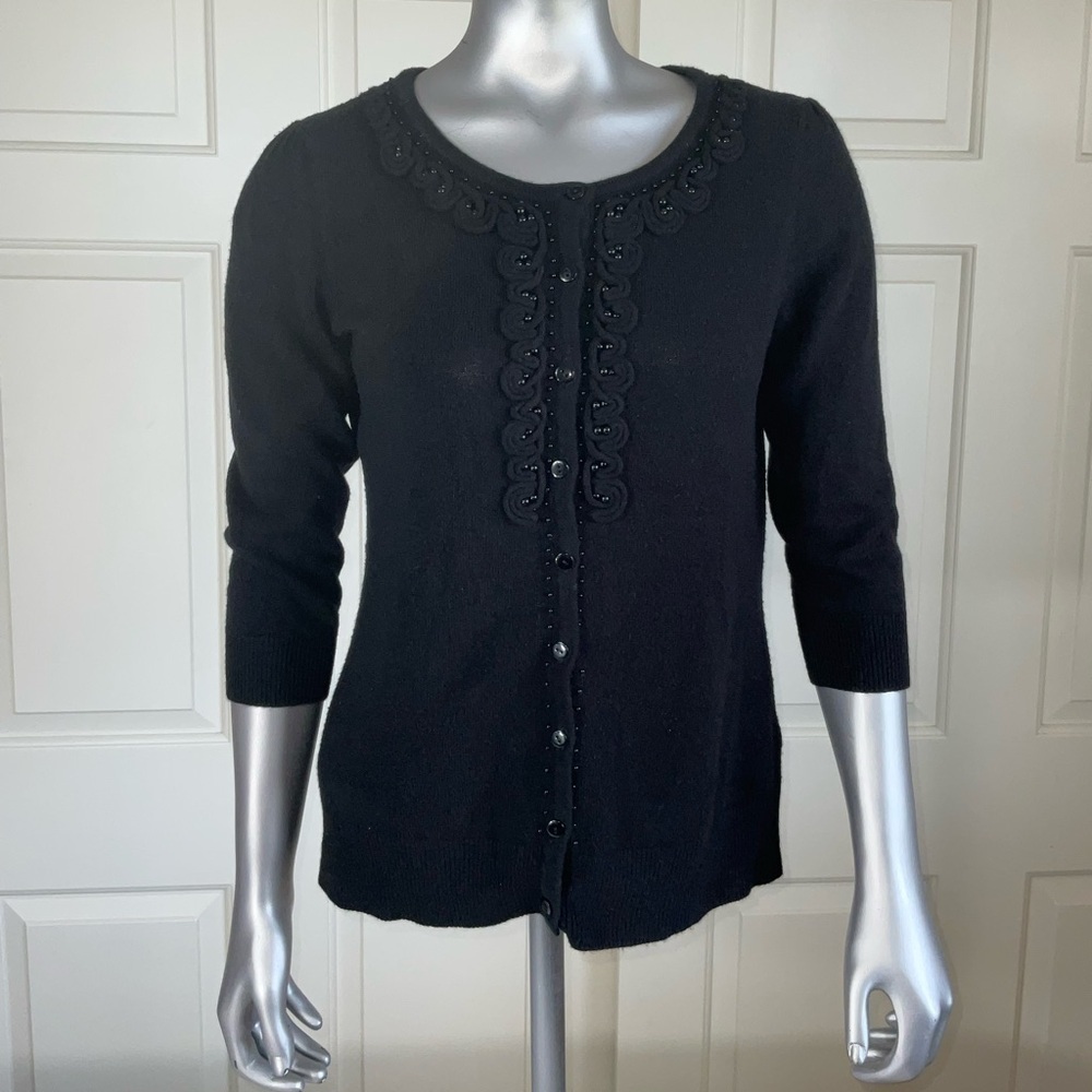 Debbie Morgan Jeweled Trim Black 3/4 Sleeve Cardigan Women Size Petite Small